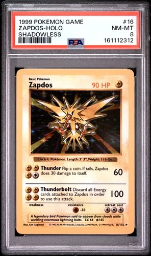 1999 POKEMON BASE SET SHADOWLESS #16 ZAPDOS-HOLO PSA 8