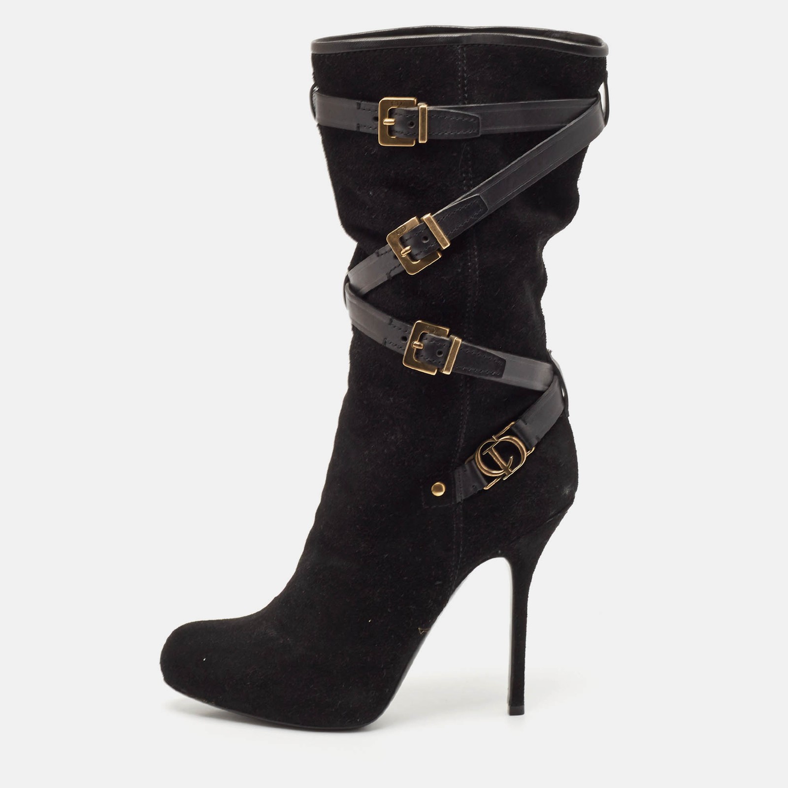 Dior Black Leather Suede Buckle Mid Calf Boots Size 38.5
