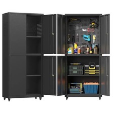 71" Metal Storage Cabinet Garage Tool Storage Cabinets w/Pegboard Wheels 4 Doors