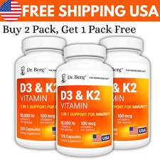(3 Pack) Dr. Berg’s Nutritionals 100mg Vitamin D3 & K2 Supplement - 120 Capsules