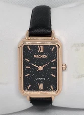 Women's MSCXDK Rectangle Gold Black Glitter Dial Black Leather Strap Watch 07