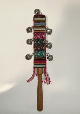 Wooden Handle Jingle Sleigh Bell Rattle Shaker, Woven Multicolor Strap