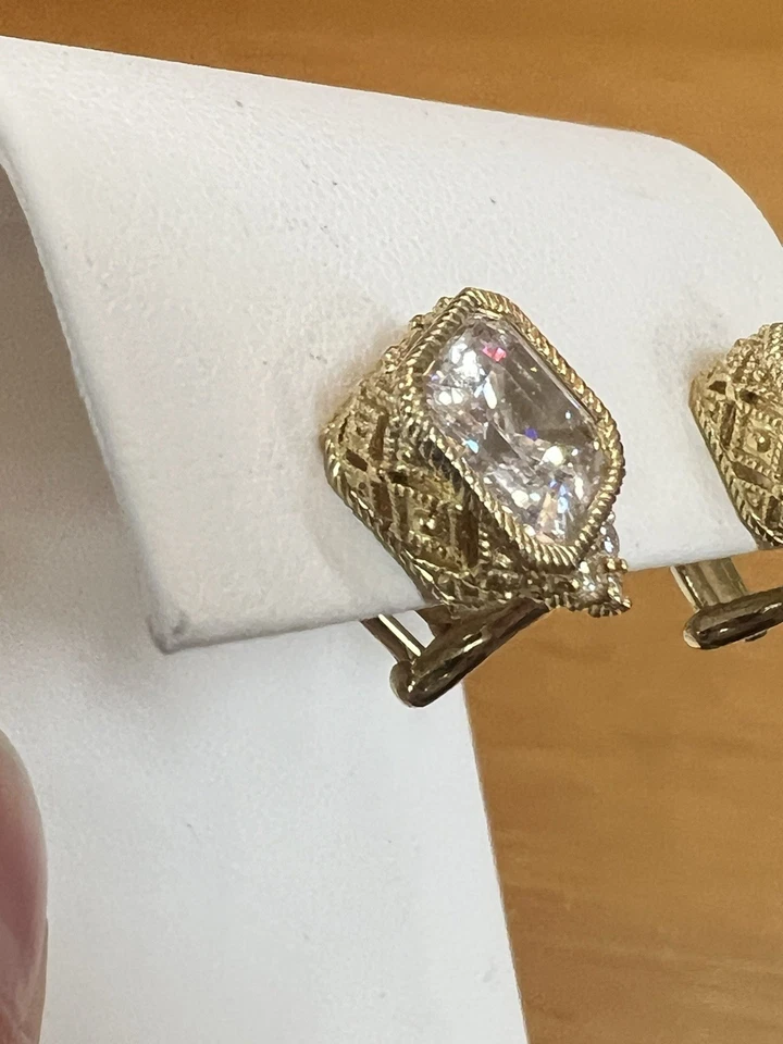 Judith Ripka Earrings Gold on Sterling Silver Ascher Cut CZ Earrings Omega Backs - Image 3 of 4