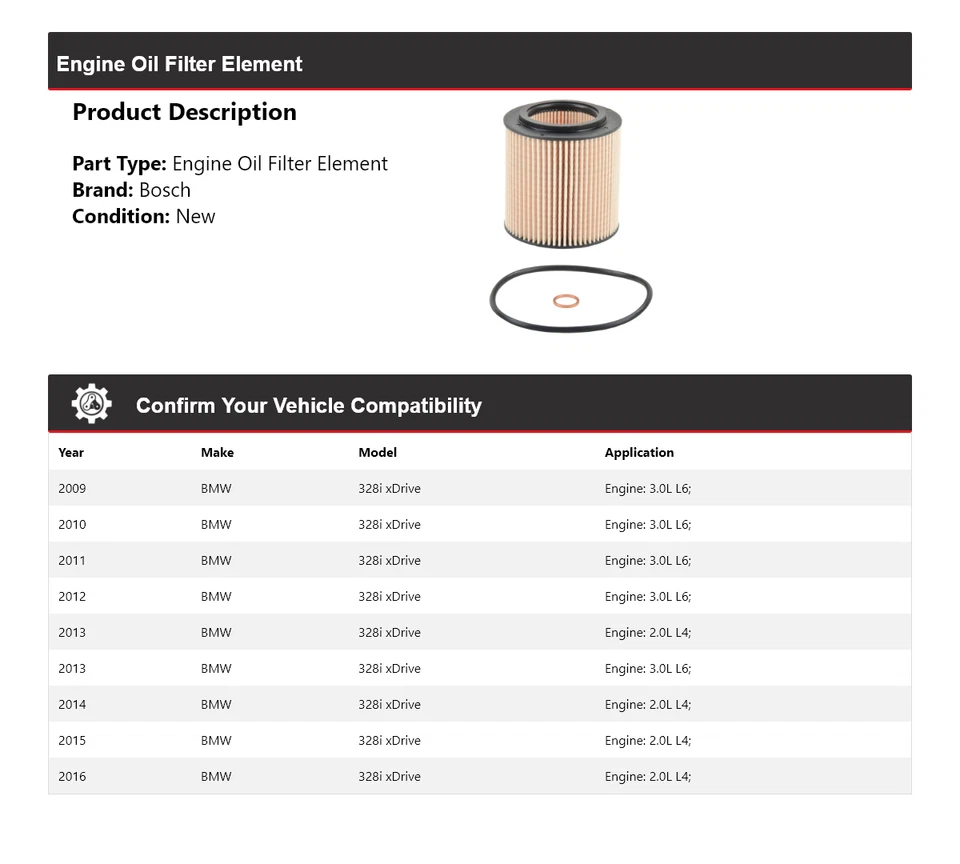 Filtro de óleo Bosch Premium 2010 2011 2012 2013 2014 para 2009-2016 BMW 328i xDrive - Imagem 2 de 3