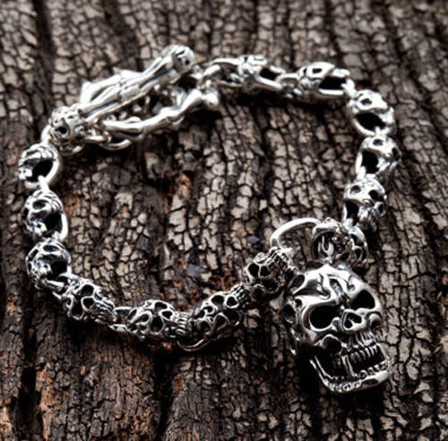 FLAME TATTOO SKULL 925 STERLING SILVER CHAIN MENS BRACELET NEW