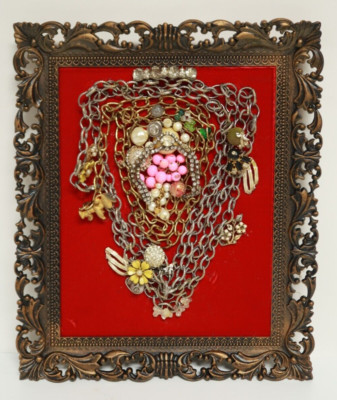 Folk Art Handmade Framed Art with Costume Jewlery 10'' x 12'' Necklace Shaped