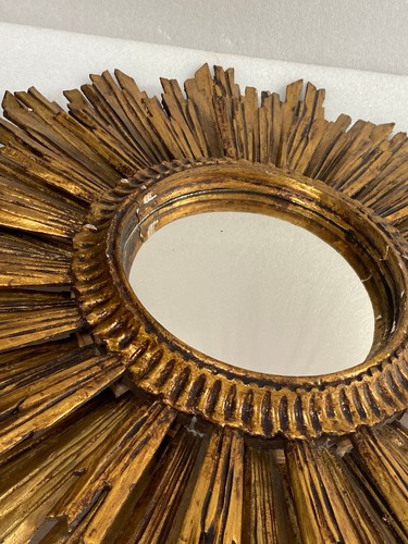 1950′ Miroir Soleil 2 Étages Bois Doré Patiné 75 Cm De Diamètre - Picture 2 of 13