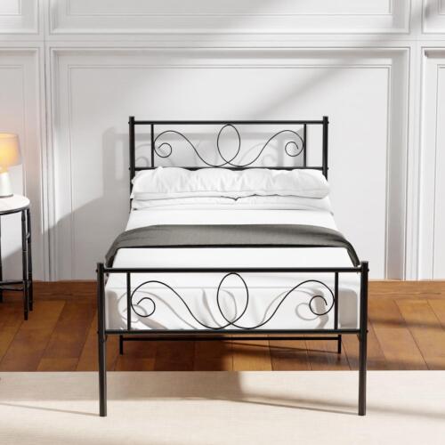 Single Metal Bed Frame Scroll Design Swirl Square Headboard Easy Build Storage - Picture 1 of 8