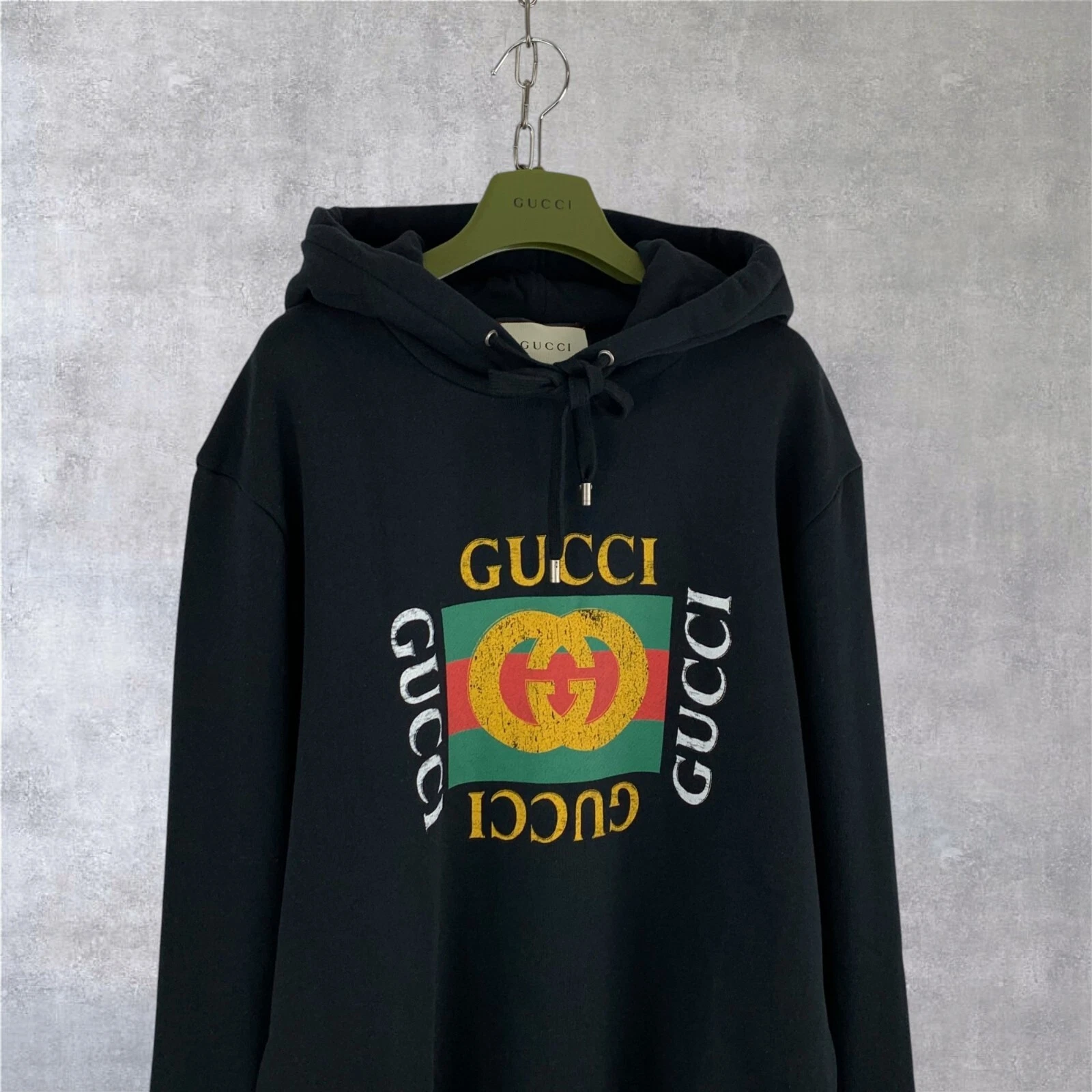 Felpa con cappuccio Gucci GG logo anteriore monogramma cotone invecchiato nera taglia L