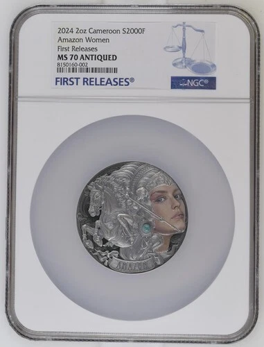 2 Oz Silver Coin 2024 Cameroon Femina Bellator Amazon NGC MS 70 Antiqued FR