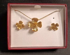 14kt Gold Overlay Necklace + Earring Set 18 Inch Chain Flower Design Made In USA