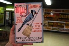 RARE MERKLE BLU-J BROOM DEALER PORCELAIN METAL SIGN BIRD CLEANING HARDWARE STORE