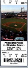 Milwaukee Brewers  vs Philadelphia Phillies 6/3/2016 Ticket Citizens Bank Park 