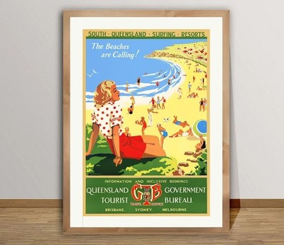 The Beaches are Calling, South Queensland, Vintage Travel Poster - Poster Print