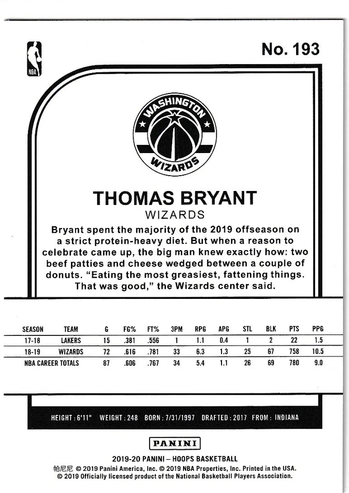 2019-20 NBA HOOPS TEAL EXPLOSION THOMAS BRYANT WIZARDS PARALLELS - D1286 - Image 2 of 2