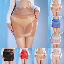 Hip Covering Short Skirt with Oily Shiny See Through Sheer Women's Intimates