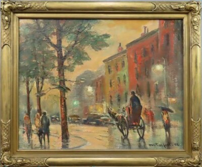 Bela De Tirefort original, 1956, ''City Street Scene With Horse and Buggy''