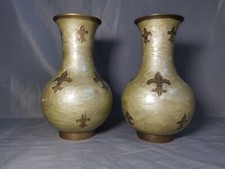 Pair Of Paint Decorated Brass Vases Asia India Exotic 