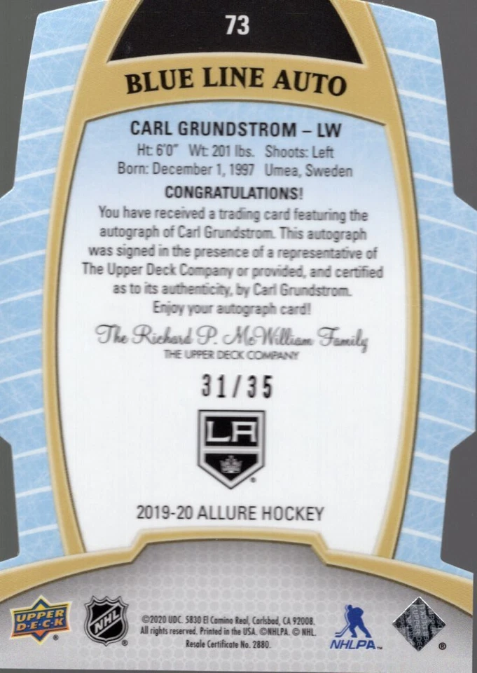 2019-20 Upper Deck Allure Auto Blue Line #73 Carl Grundstrom /35 - NM-MT - Image 2 of 2