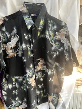 Vtg billion bay Hawaiian Aloha L Shirt Bird Eagle Flowers Floral Tropical Black