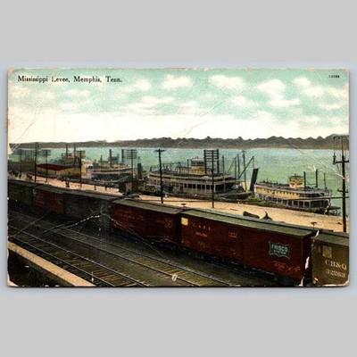 Postcard Mississippi Levee Memphis Tenn Boats Trains Vintage