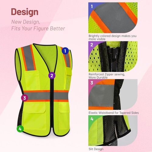 LIZMOF Safety Vest for Women, High Visibility Reflective Vest, Neon Hi - Picture 2 of 9