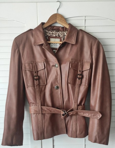 Genuine women's leather jacket/safari/sahariana style brown cognac caramel tone