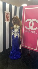 Blue Sequin Mermaid Formal Dress with Beaded, Pearl Accents, Illusion Neckline