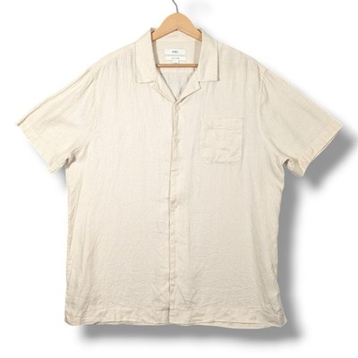 M&S 100% Reines Leinen Hemd Herren Large Stone Camp Cuban Kurzarm Sommer