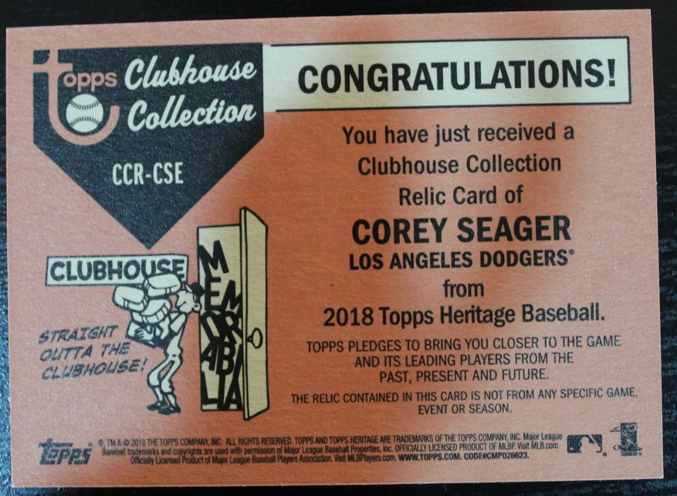 Corey Seager 2018 Topps Heritage Clubhouse Collection Relics #CCR-CSE Dodgers - Image 2 of 2