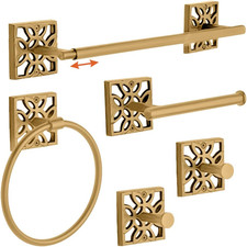 5 PC Brushed Gold Modern Bathroom Accessories Set, Wall Mounted - Towel Rack, Ha