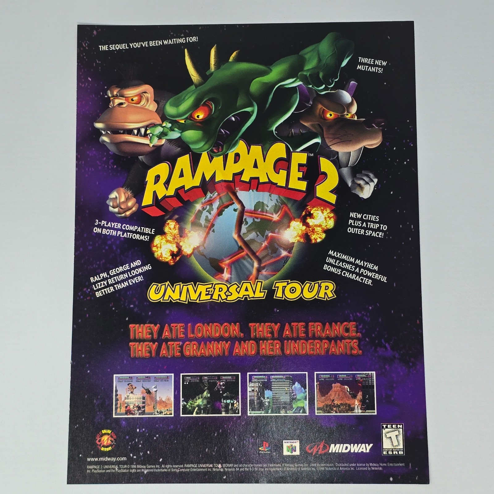 Rampage 2 Universal Tour PS1 Nintendo N64 They Ate Print Ad/Poster Promo Art