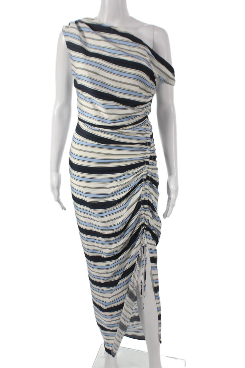 Veronica Beard Women Maxi Dress Blue Silk Striped One Shoulder Zip Size 2Free Shipping in US $100+ Orders | $6.95 Orders Below