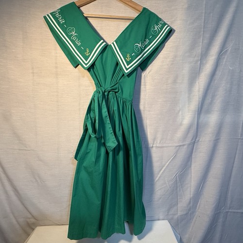 Vintage Rene Derhy Paris Green Nautical Wrap Dress Cotton Sailor Collar S