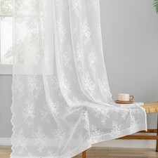 White Lace Curtains 90 Inches Long for Living Room 2 Panels Country Rustic Fl...