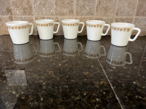 Pyrex VTG Butterfly Gold D Handle Coffee Tea Mugs Cups Milk Glass Set Of 5