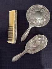 Antique VINTAGE Ornate Silver Plated Hand Mirror, Brush, Comb Vanity Set