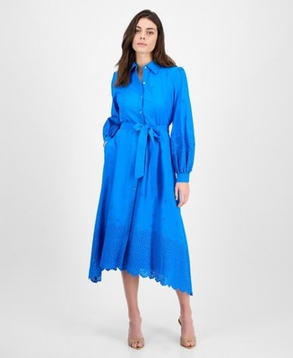 Julia Jordan Women's Long-Sleeve Cotton Eyelet Dress - Blue - Size S