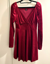 SHEIN Red Velvet Glitter Skater Mini Dress V-Neck Long Sleeve Stretch Size S