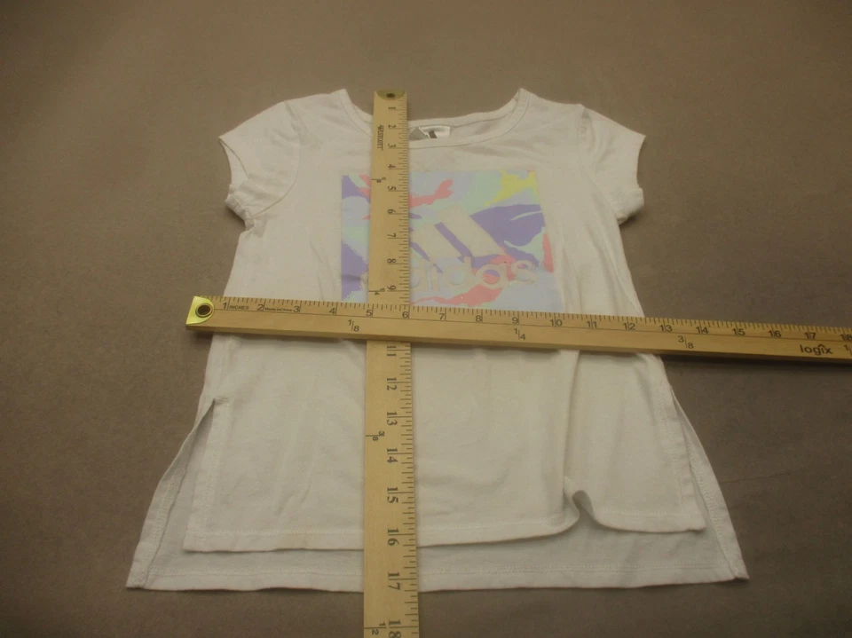 Adidas Size 5 Girls White Print Cotton Blend Crew Neck Short Sleeve TShirt 480 - Image 2 of 4