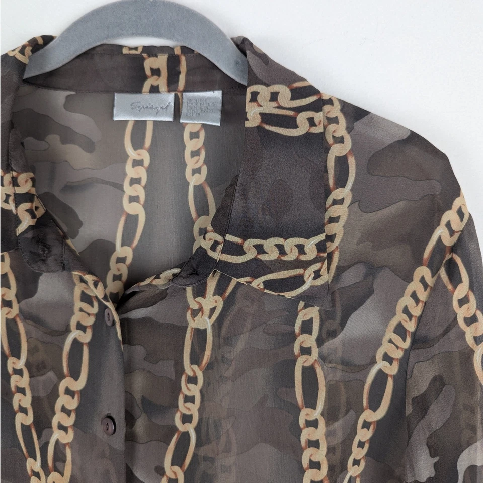 复古 Spiegel 棕色链条印花丝绸透明网眼领纽扣衬衫 — 第 2/4 张图片