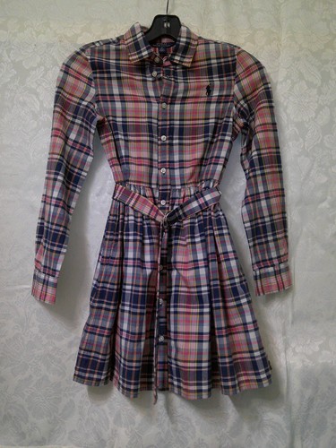 Polo Ralph Lauren Girls Pink/Black Plaid Tartan L/S Cotton Madras Shirt Dress 10 - Picture 2 of 6