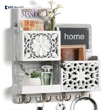 Praktisches Holz Schlüsselregal mit 2 Fächern für Post & 8 Haken - Wandmontage