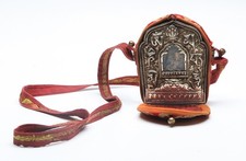 Vintage Tibetan Buddhist AMULET Box (Ghau) Portable Shrine Silk Case Brass