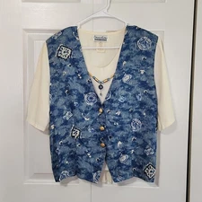 Vintage Connections Related Separates Blue & Cream Blouse Short Set Size Med