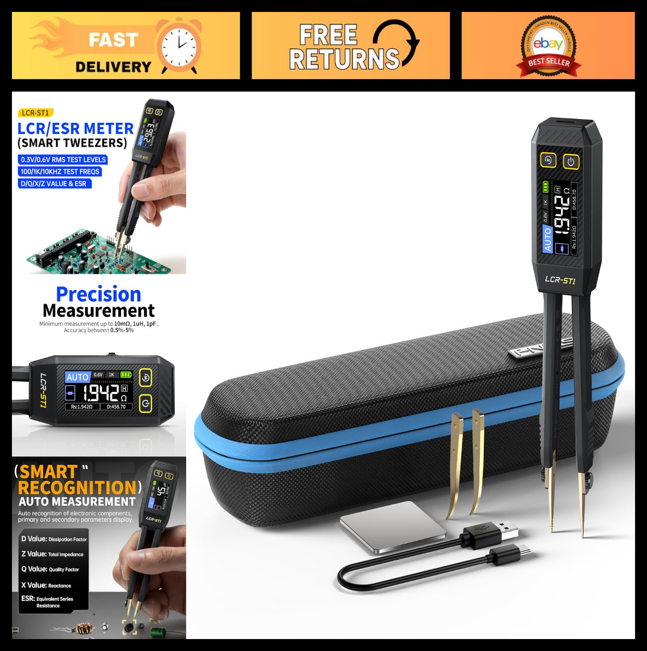 Mini Smart LCR Meter Tweezer 10KHz - ESR, Capacitance, Inductance Tester, Auto C