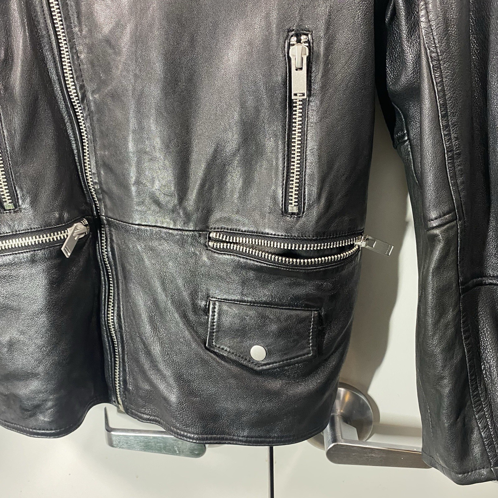 Zara Men’s Sized Medium Real Leather Biker Jacket With Four Zippers