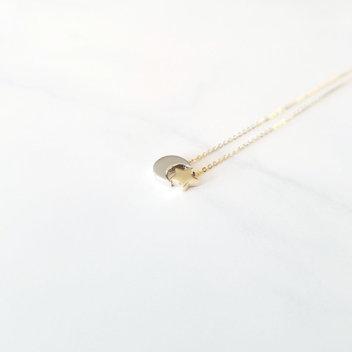 14K Solid Yellow White Gold Moon Star Pendant Rolo Chain Necklace Set - Charm - Picture 4 of 5