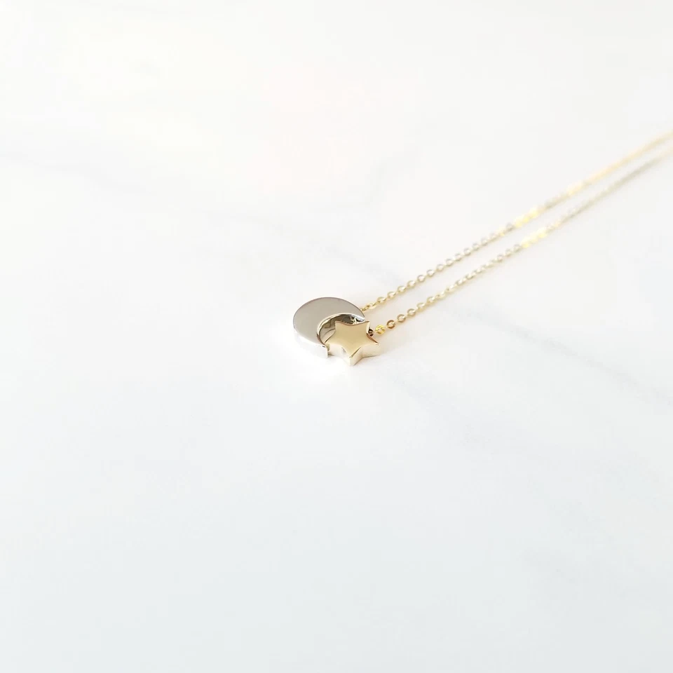 14K Solid Yellow White Gold Moon Star Pendant Rolo Chain Necklace Set - Charm - Image 4 of 4