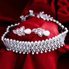 White Cubic Zirconia Pearl Leaf Tennis Necklace Earrings Silver Plated Jewellery